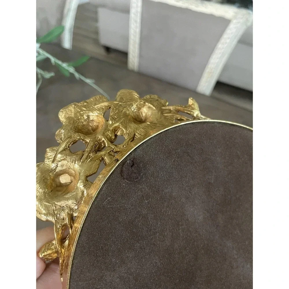 Vtg Stylebuilt Gold Ormolu Vanity Mirror Oval Tray Rose Handle Hollywood Regency